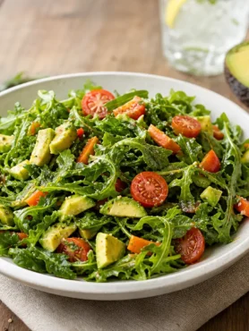 Insalata fit con avocado, rucola, pomodorini e semi di canapa