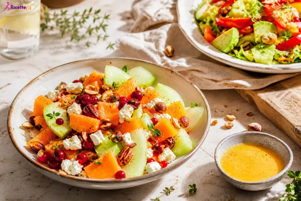 Insalata fit di melone con feta, ribes rosso e frutta secca