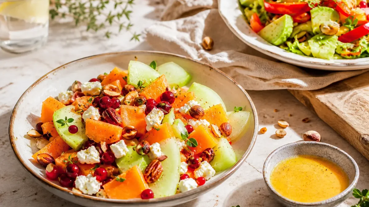 Insalata fit di melone con feta, ribes rosso e frutta secca