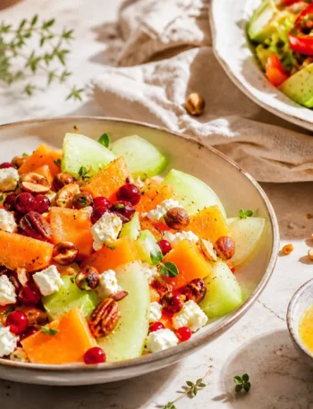 Insalata fit di melone con feta, ribes rosso e frutta secca