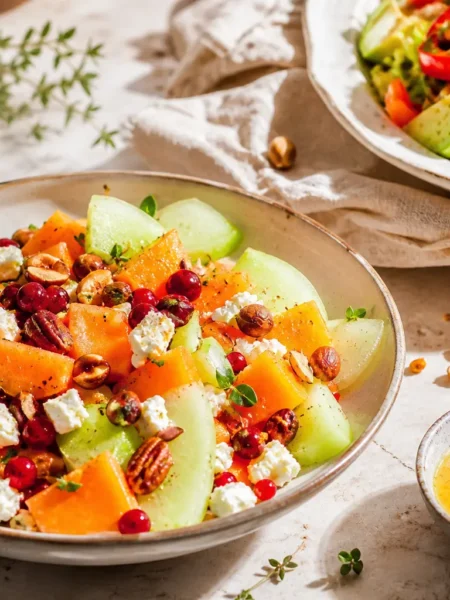 Insalata fit di melone con feta, ribes rosso e frutta secca