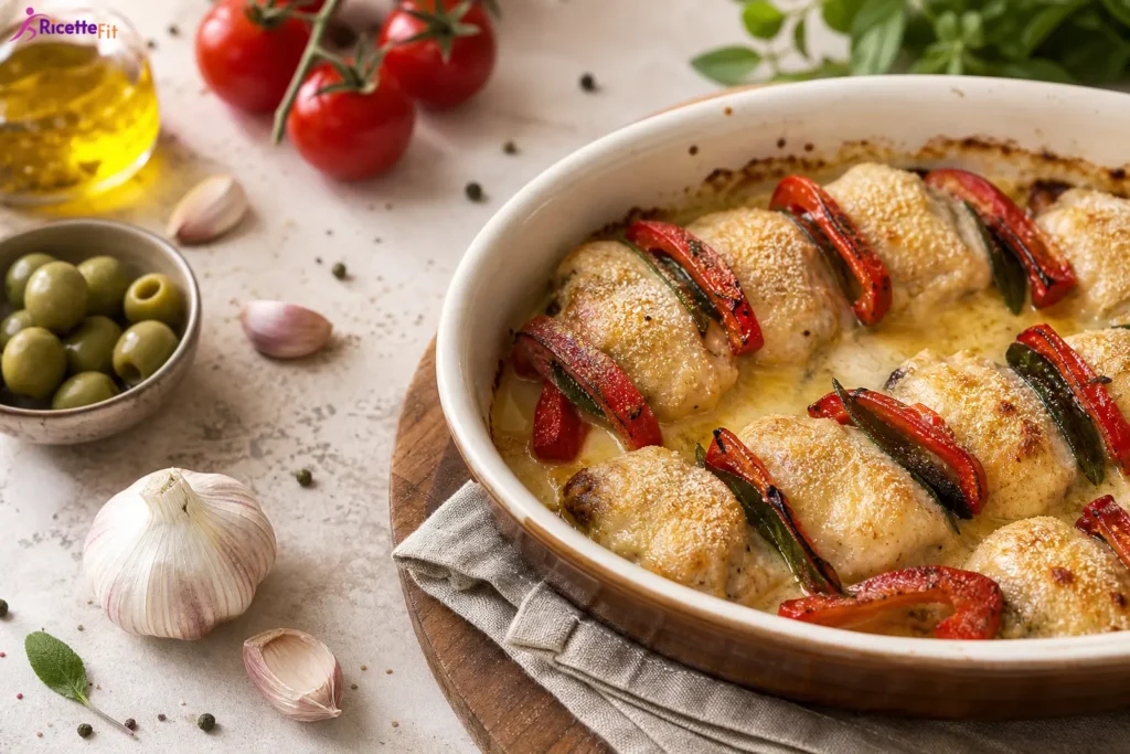 Involtini di pesce spada al forno con peperoni e crema al limone
