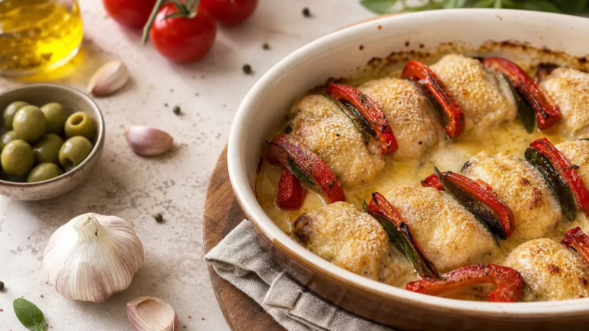 Involtini di pesce spada al forno con peperoni e crema al limone