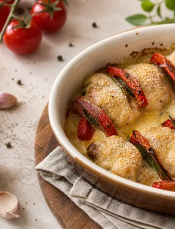 Involtini di pesce spada al forno con peperoni e crema al limone