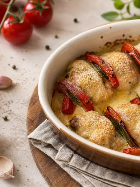 Involtini di pesce spada al forno con peperoni e crema al limone
