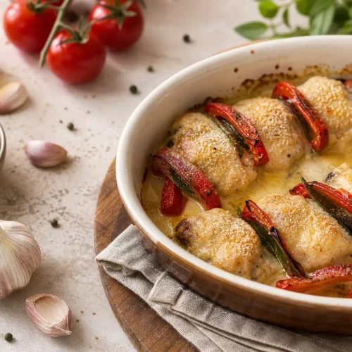 Involtini di pesce spada al forno con peperoni, salvia e crema leggera al limone