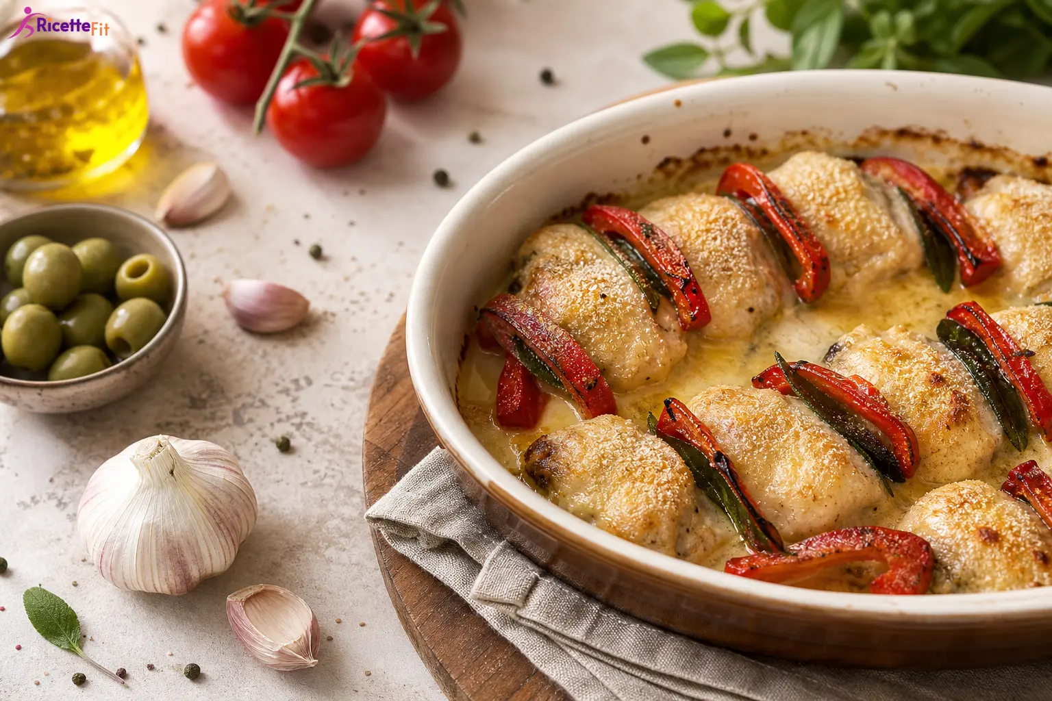 Involtini di pesce spada al forno con peperoni, salvia e crema leggera al limone