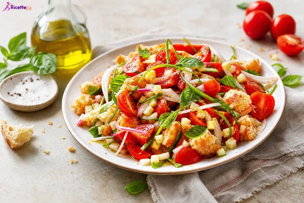 Panzanella al pomodoro con pane integrale, basilico e cetriolo