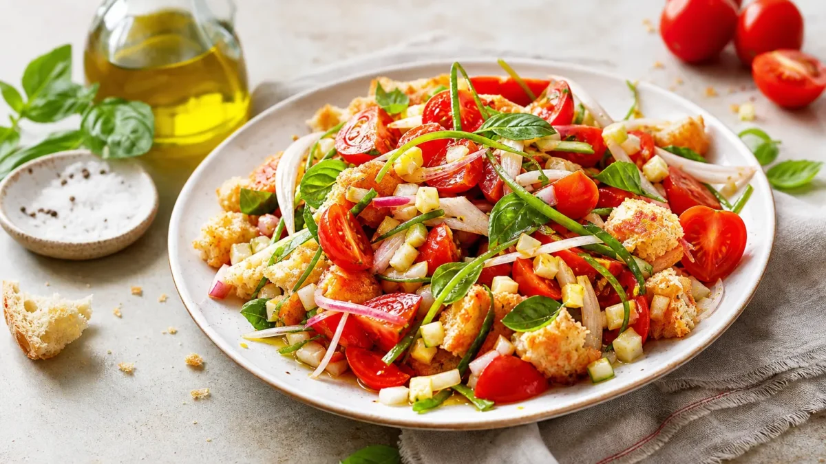 Panzanella al pomodoro con pane integrale, basilico e cetriolo
