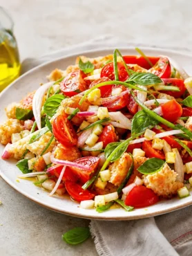 Panzanella al pomodoro con pane integrale, basilico e cetriolo