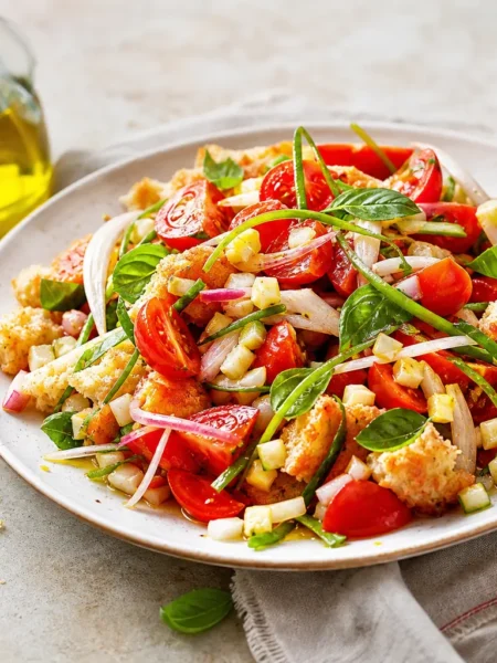 Panzanella al pomodoro con pane integrale, basilico e cetriolo