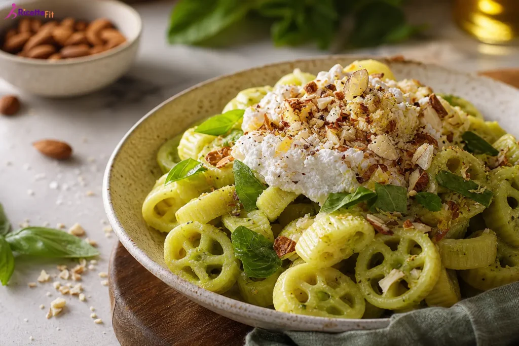 Pasta con crema di piselli, ricotta light al limone, noci e basilico