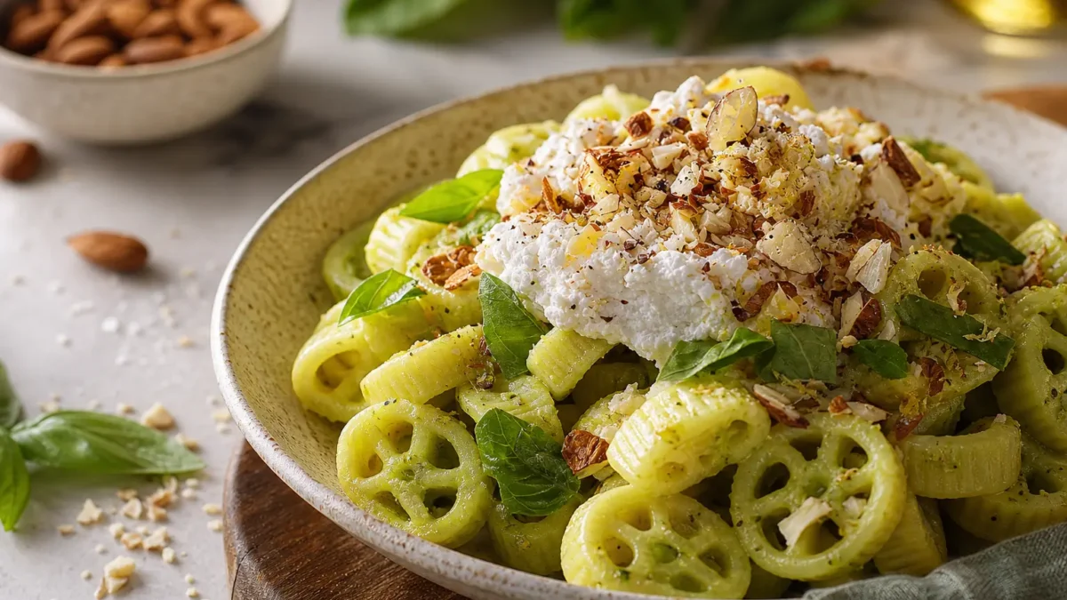 Pasta con crema di piselli, ricotta light al limone, noci e basilico