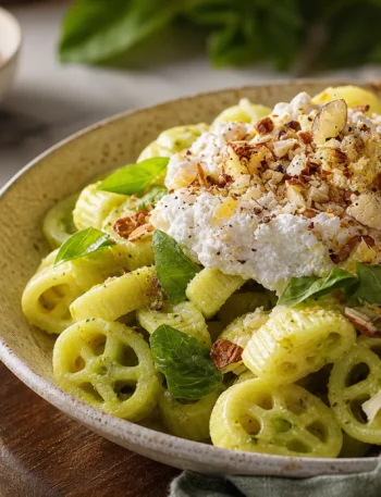 Pasta con crema di piselli, ricotta light al limone, noci e basilico
