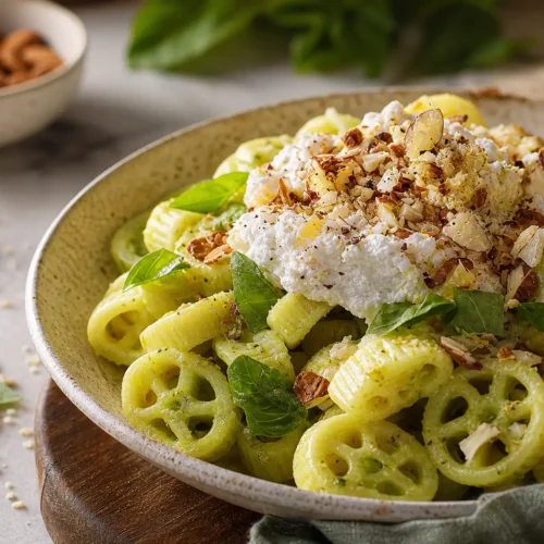 Pasta con crema di piselli e ricotta al limone e noci