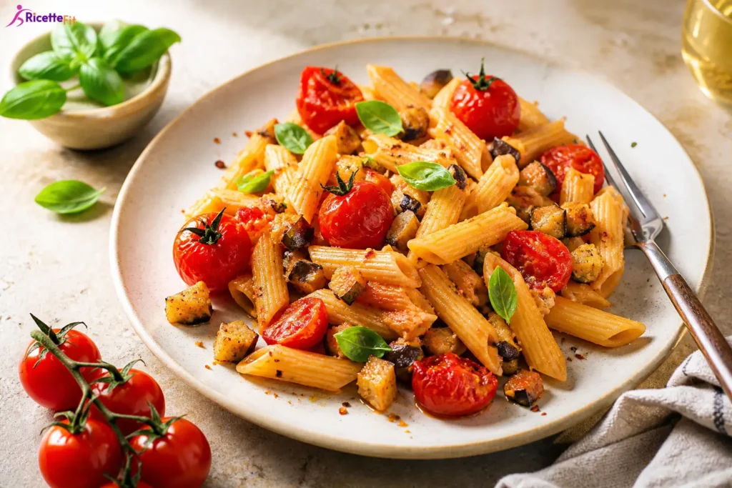 Pennette integrali con melanzane, pomodorini arrosto e basilico fresco