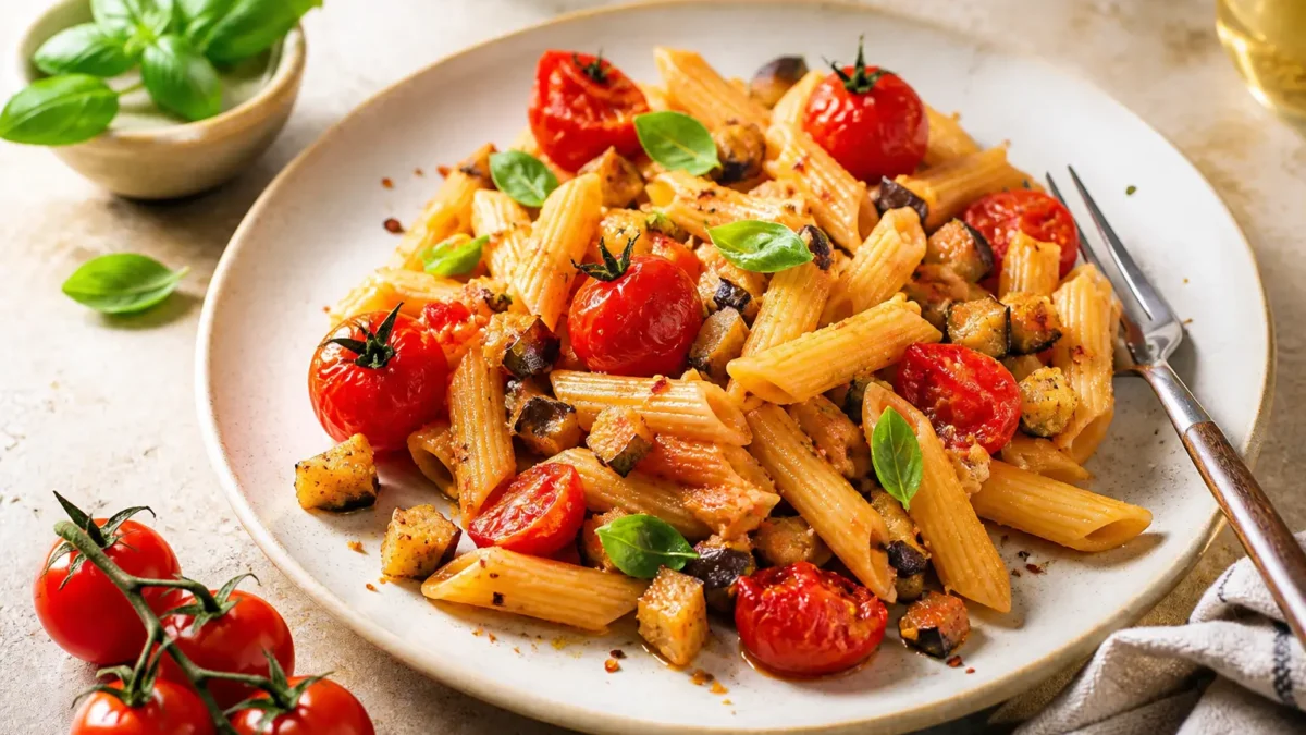 Pennette integrali con melanzane, pomodorini arrosto e basilico fresco