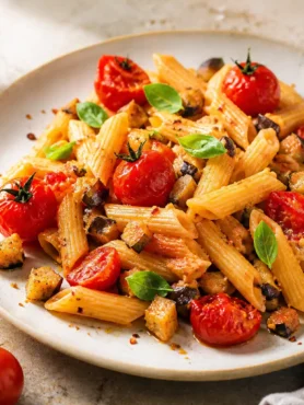 Pennette integrali con melanzane, pomodorini arrosto e basilico fresco