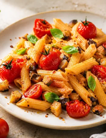 Pennette integrali con melanzane, pomodorini arrosto e basilico fresco