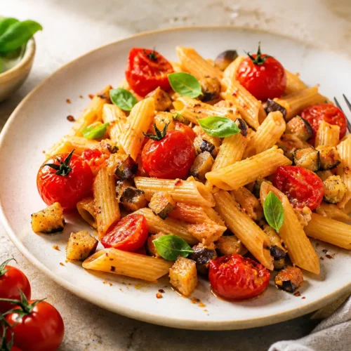 Pennette integrali con melanzane, pomodorini arrosto e basilico