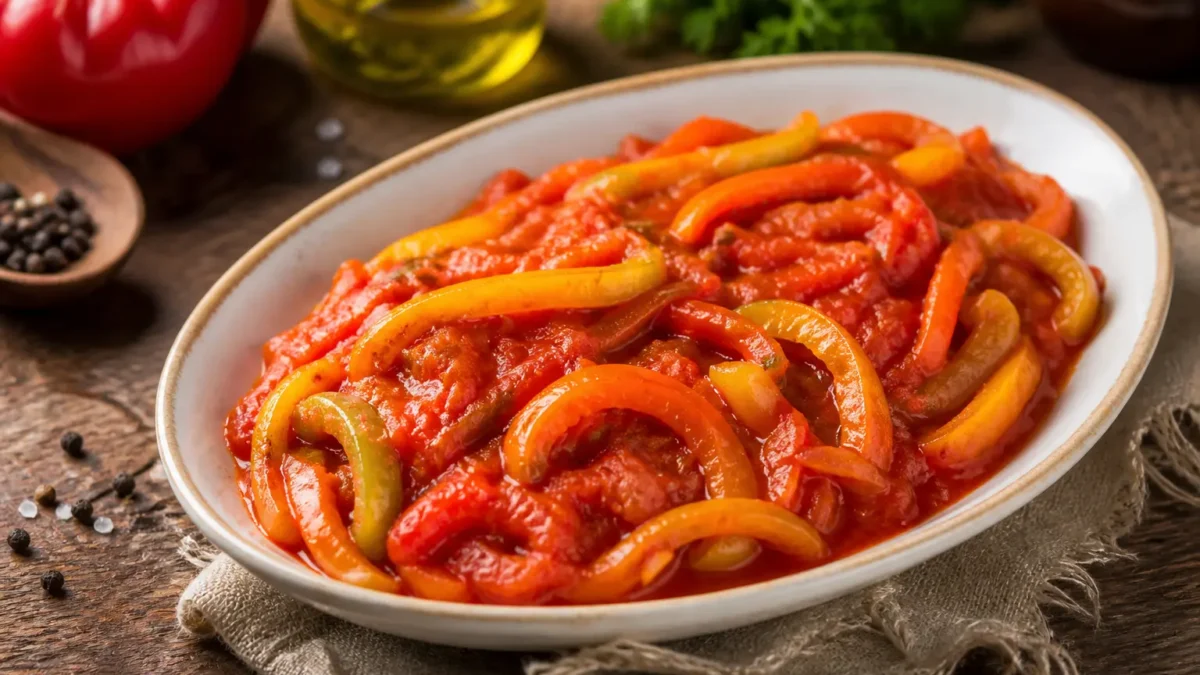 Peperonata fit con peperoni stufati al pomodoro in piatto ovale