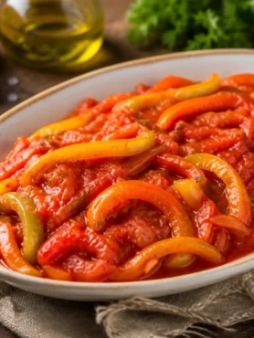 Peperonata fit con peperoni stufati al pomodoro in piatto ovale