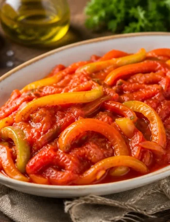 Peperonata fit con peperoni stufati al pomodoro in piatto ovale