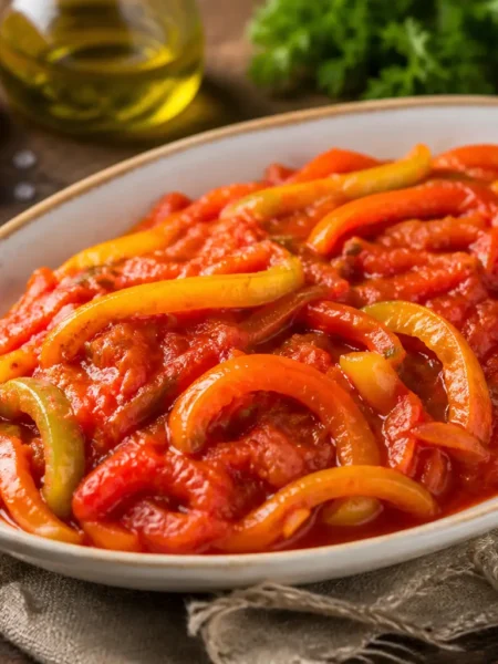 Peperonata fit con peperoni stufati al pomodoro in piatto ovale