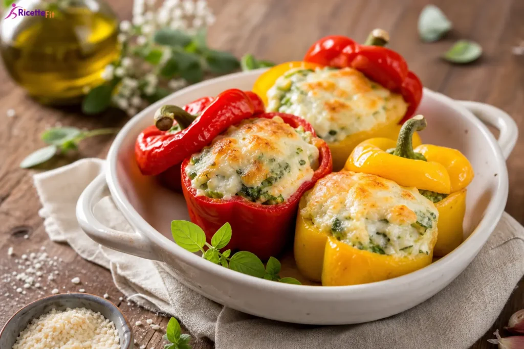 Peperoni ripieni vegetariani fit con quinoa, spinaci e formaggio gratinato al forno