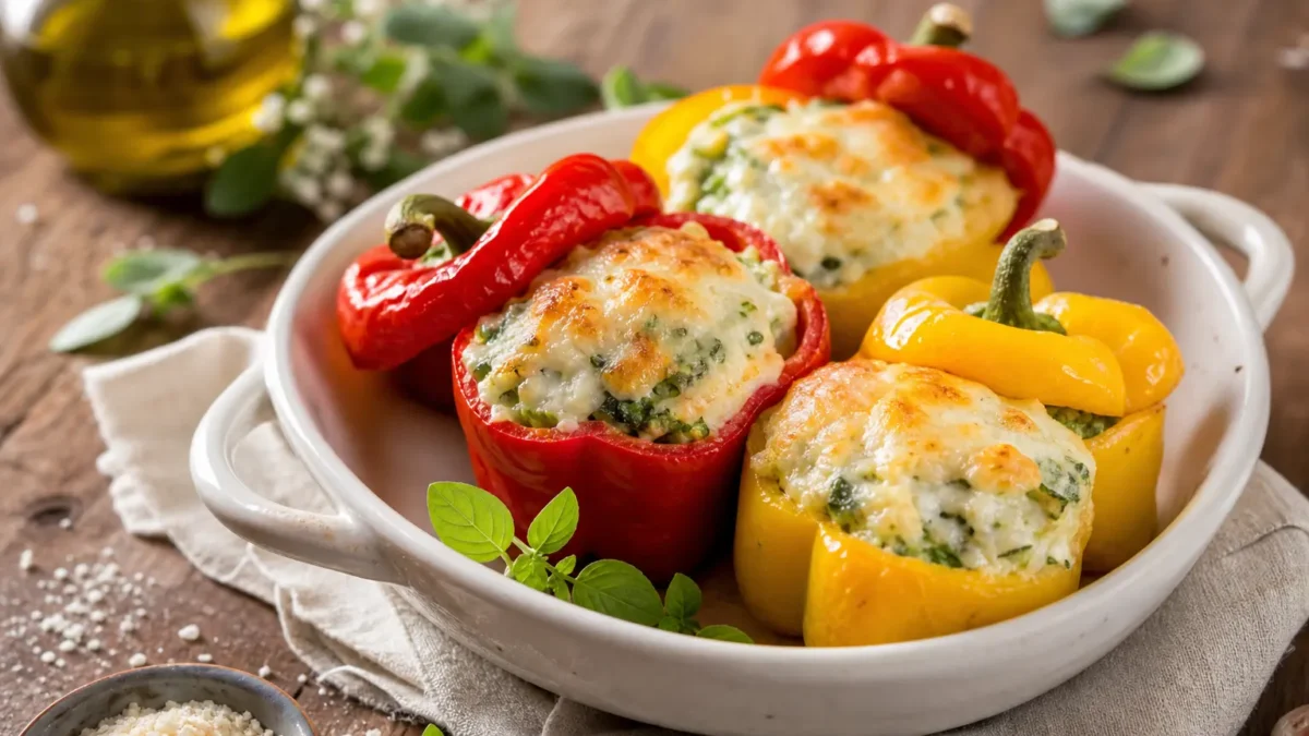 Peperoni ripieni vegetariani fit con quinoa, spinaci e formaggio gratinato al forno