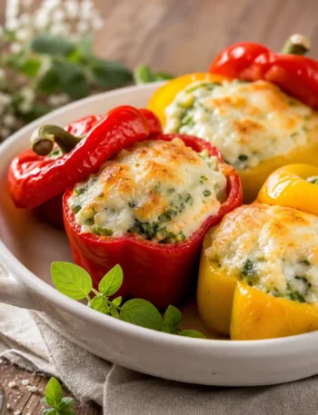Peperoni ripieni vegetariani fit con quinoa, spinaci e formaggio gratinato al forno