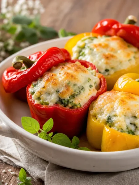 Peperoni ripieni vegetariani fit con quinoa, spinaci e formaggio gratinato al forno