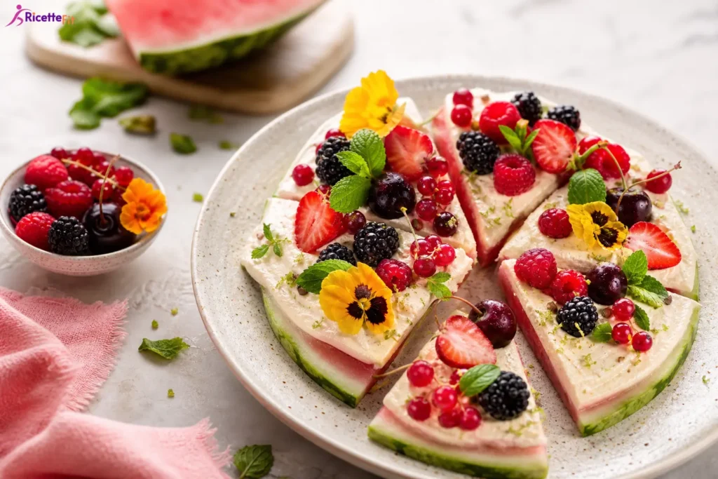 Pizza di anguria fit con crema allo yogurt greco e frutti di bosco
