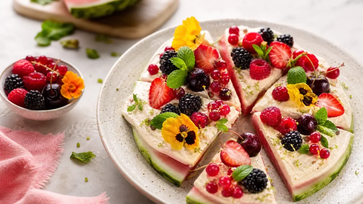 Pizza di anguria fit con crema allo yogurt greco e frutti di bosco