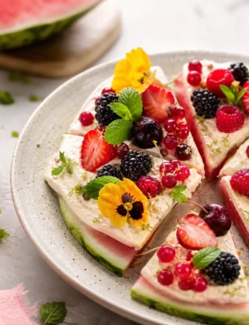 Pizza di anguria fit con crema allo yogurt greco e frutti di bosco