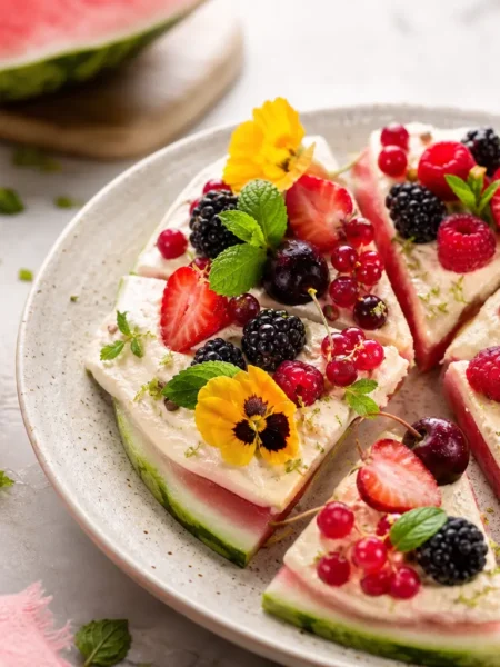 Pizza di anguria fit con crema allo yogurt greco e frutti di bosco