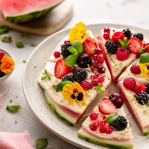 Pizza di anguria fit con crema allo yogurt e frutti di bosco