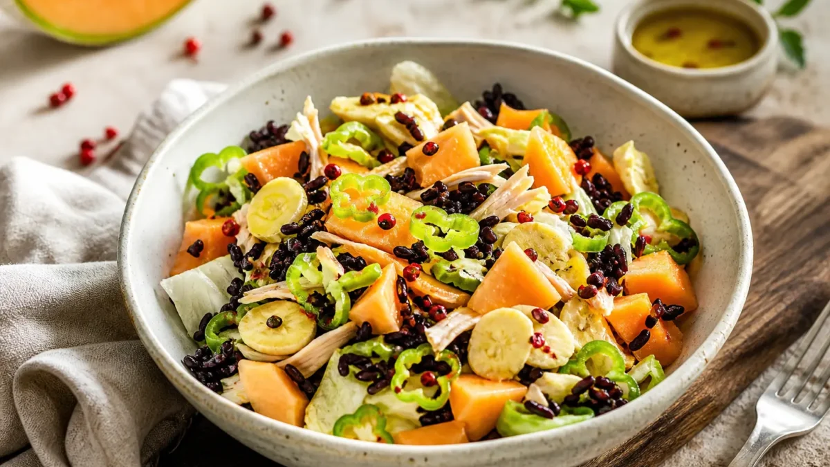 Insalata fit con pollo, melone cantalupo e riso nero