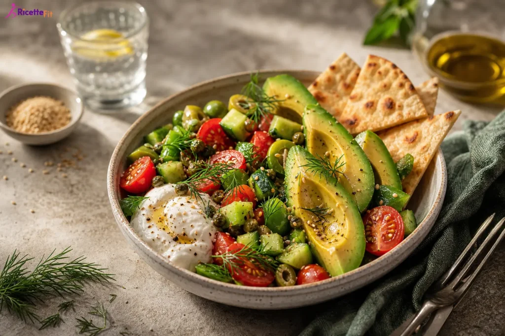 Bowl estiva con pomodorini, cetriolo, avocado, mozzarella light e piadina integrale