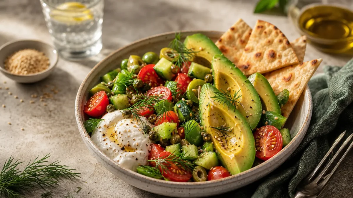 Bowl estiva con pomodorini, cetriolo, avocado, mozzarella light e piadina integrale