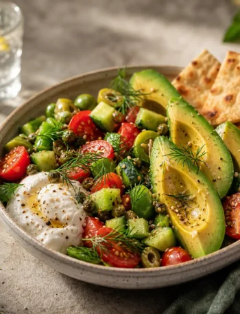 Bowl estiva con pomodorini, cetriolo, avocado, mozzarella light e piadina integrale