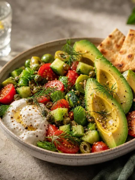 Bowl estiva con pomodorini, cetriolo, avocado, mozzarella light e piadina integrale