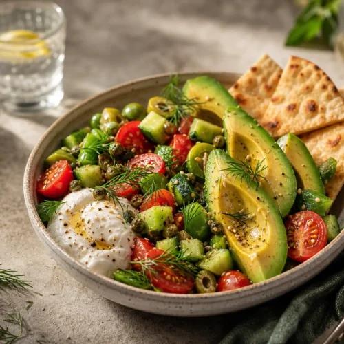 Pomodori e cetrioli con avocado e mozzarella