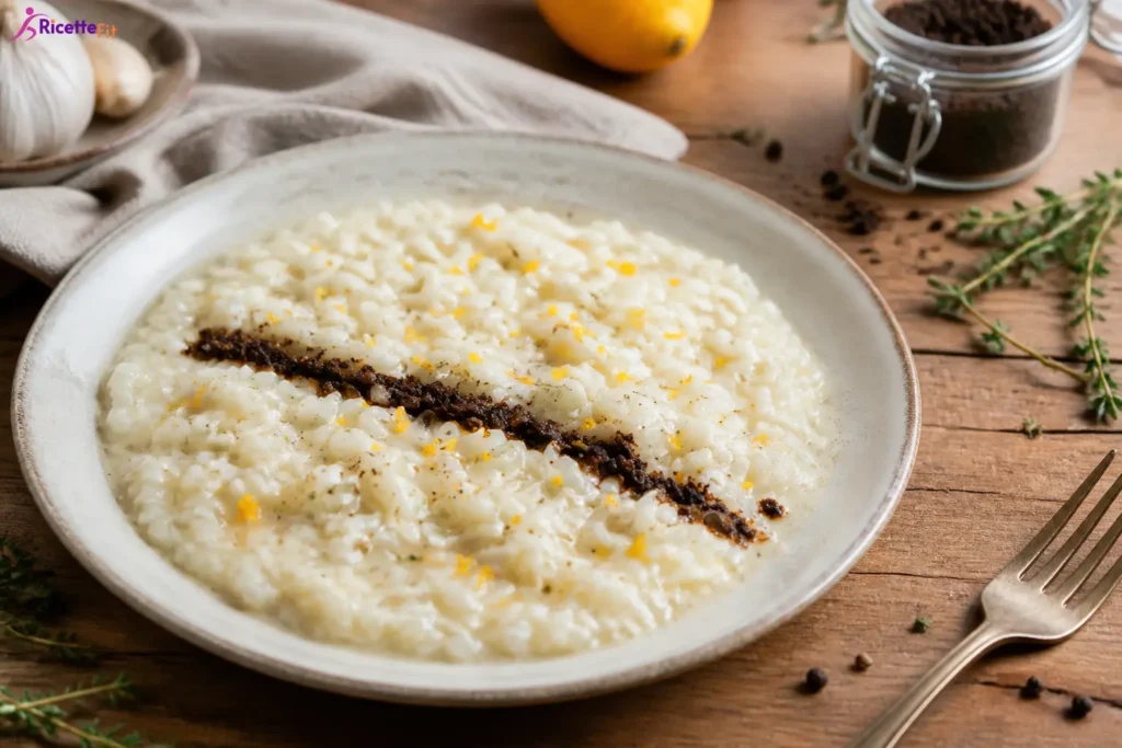 Risotto al finocchio e arancia con crema di olive nere