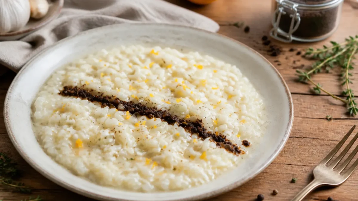 Risotto al finocchio e arancia con crema di olive nere