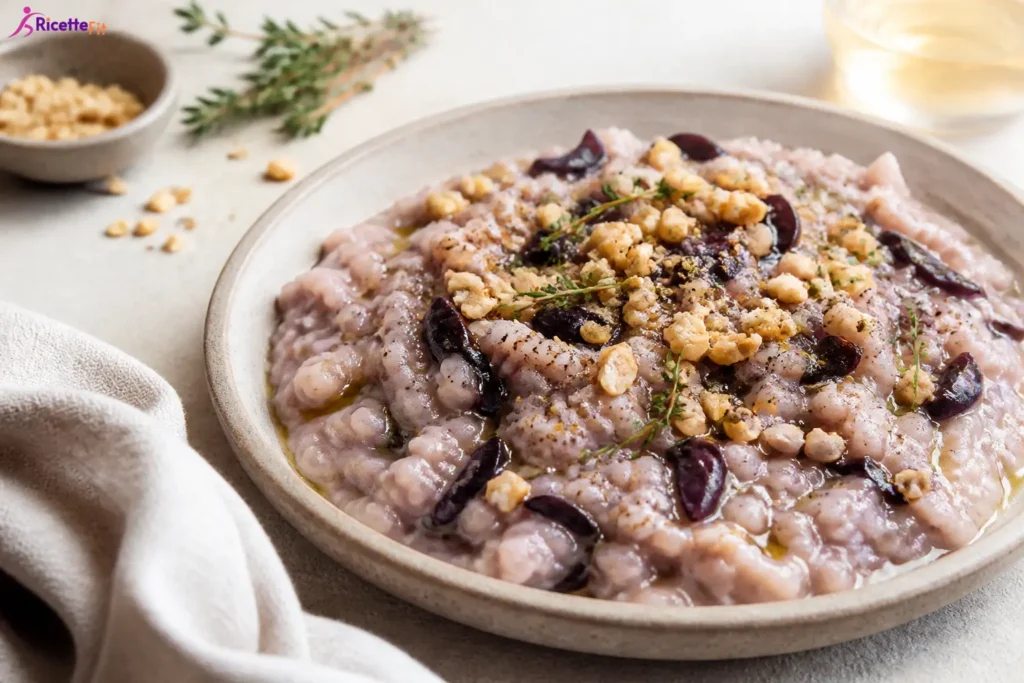 Risotto al radicchio e robiola light con noci tostate