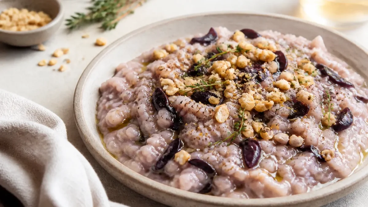 Risotto al radicchio e robiola light con noci tostate
