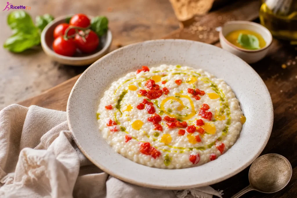 Risotto cremoso con pomodorini, olio al basilico e crema di limone