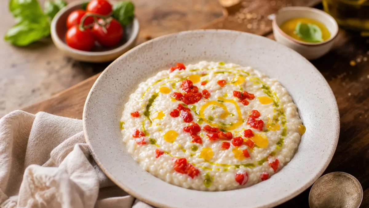 Risotto cremoso con pomodorini, olio al basilico e crema di limone