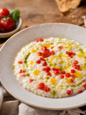 Risotto cremoso con pomodorini, olio al basilico e crema di limone